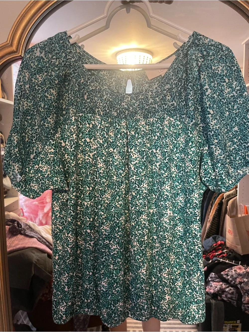 LOFT Blue Floral Keyhole Puff-Sleeve Blouse